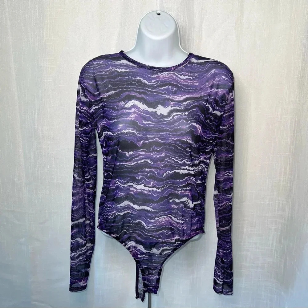 Pretty Little Thing NWT Printed Mesh Festival Rave High Neck Bodysuit Sz 10